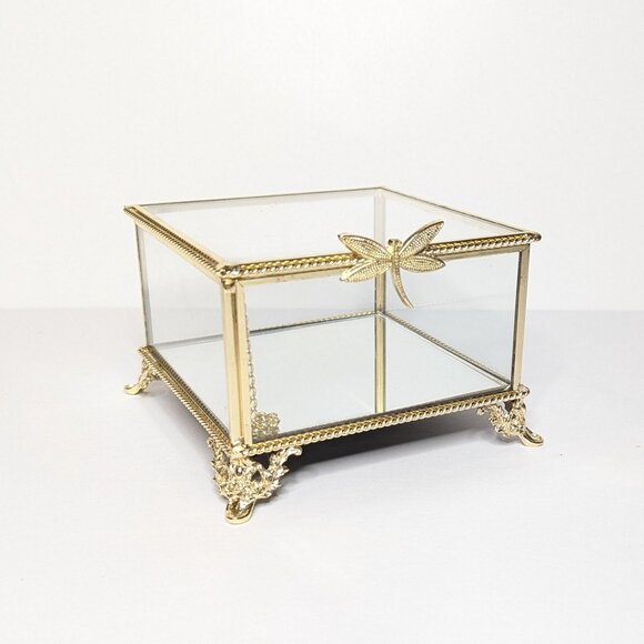 Rachel Ashwell Gold Glass and Mirror Trinket Jewelry Box with Dragonfly Accent - Picture 4 of 6